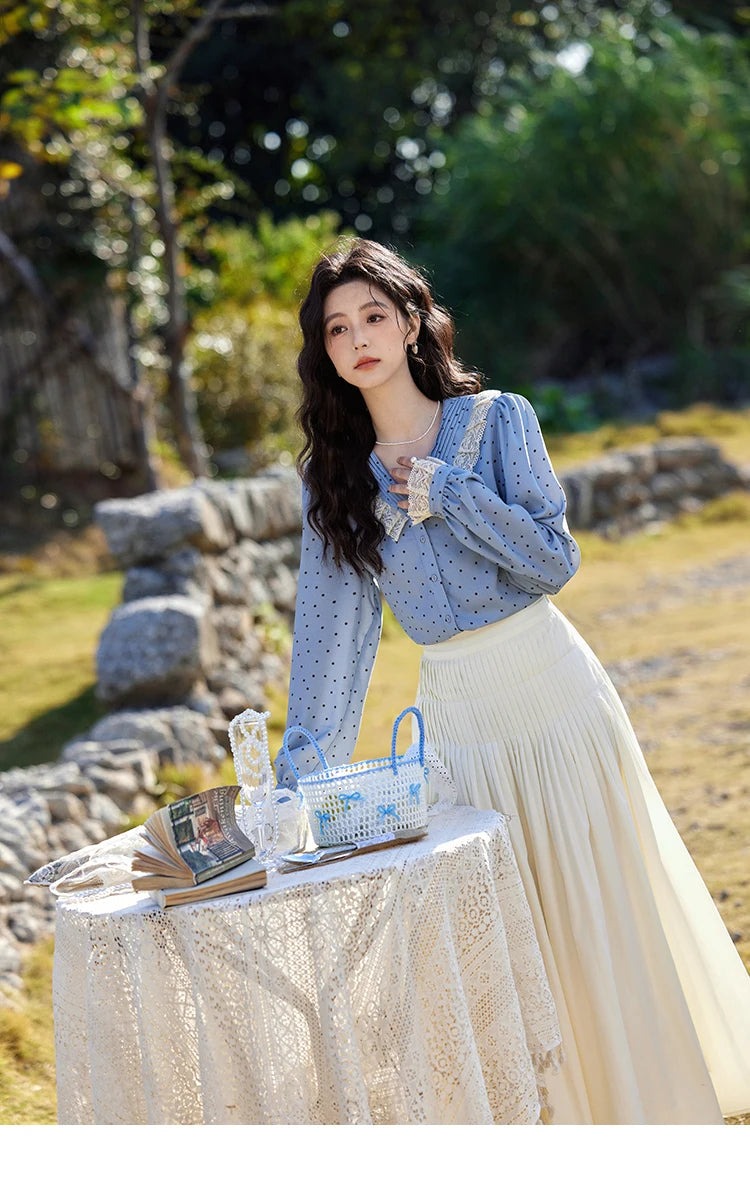 MISHOW Lace Patchwork Polka Dot Shirt for Women Spring 2025 French V-neck Shirt Cuff Splic with Hollowed Out Lace Top MXE12X1707