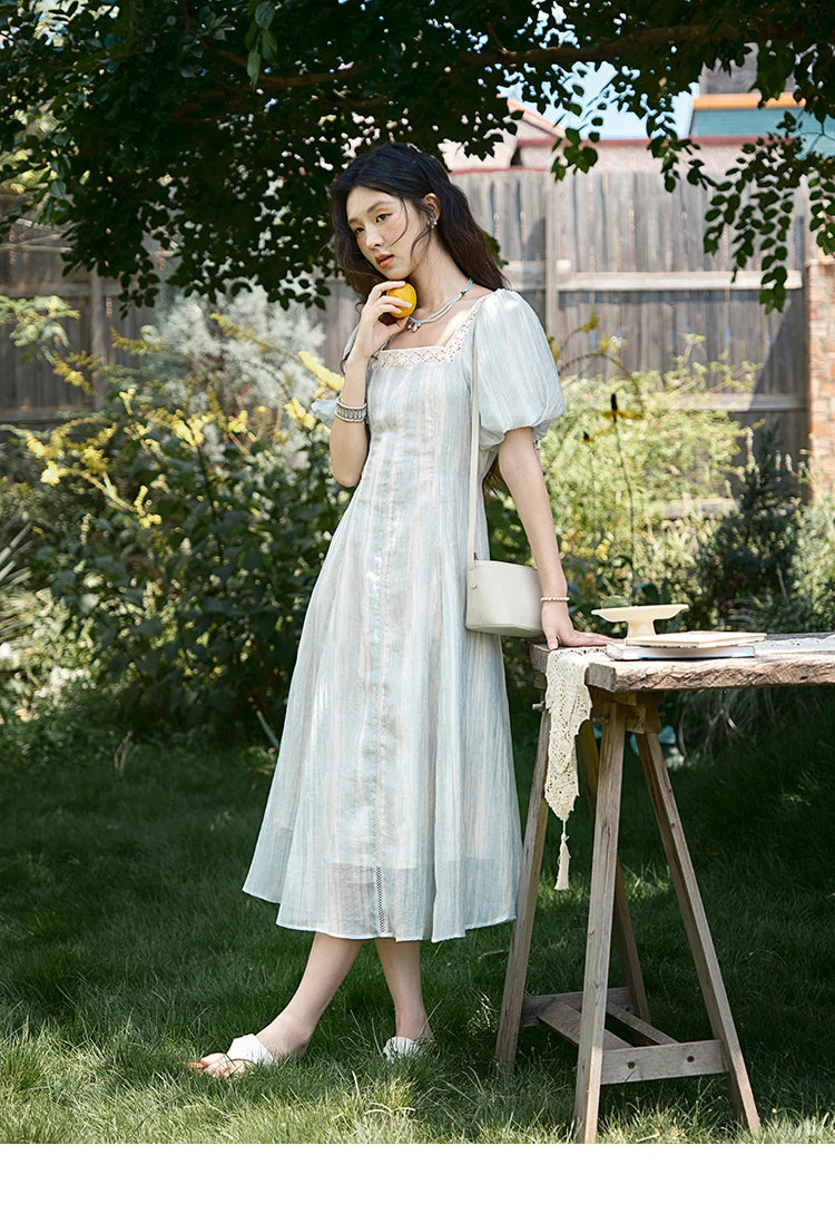 MISHOW Women's Summer Dress 2025 New Fashion Striped Square Neck Spliced Lace Hollow Out Dress Waist Lace Up Dresses MXE39L2403