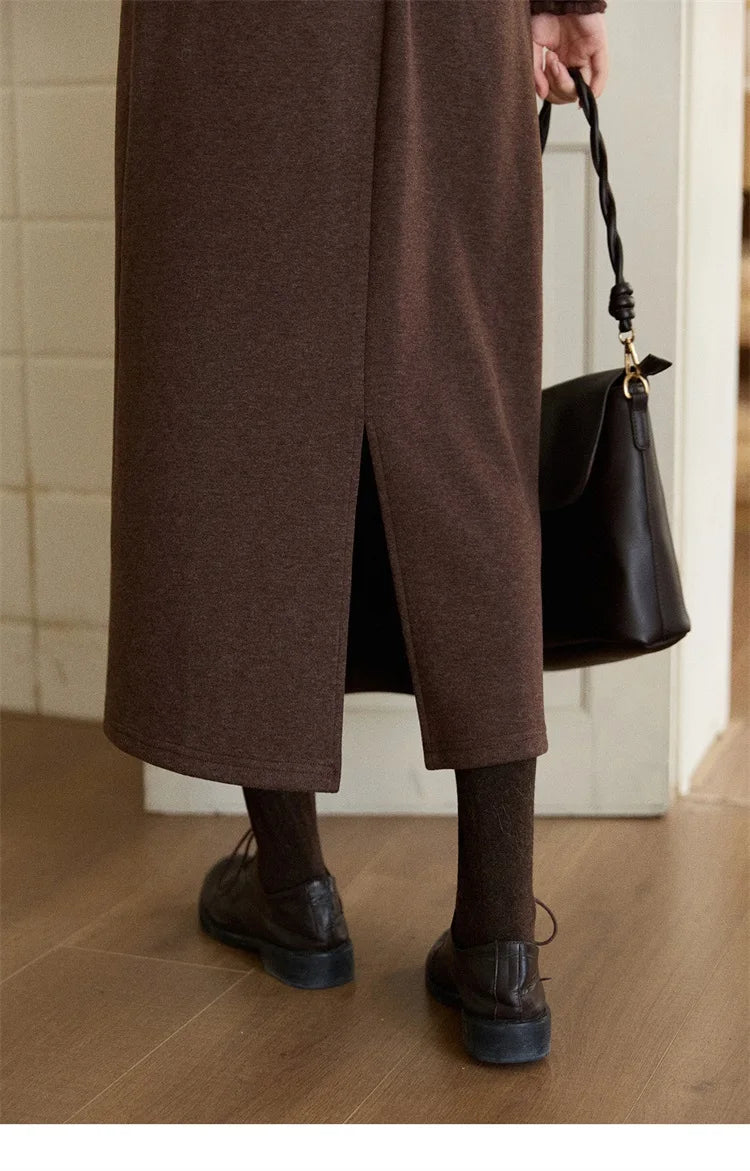 MISHOW Woman Brown Skirt 2025 Retro High Waist Loose Fitting Half Body Skirt with Back Split Straight Leg Long Skirt MXE90B2447