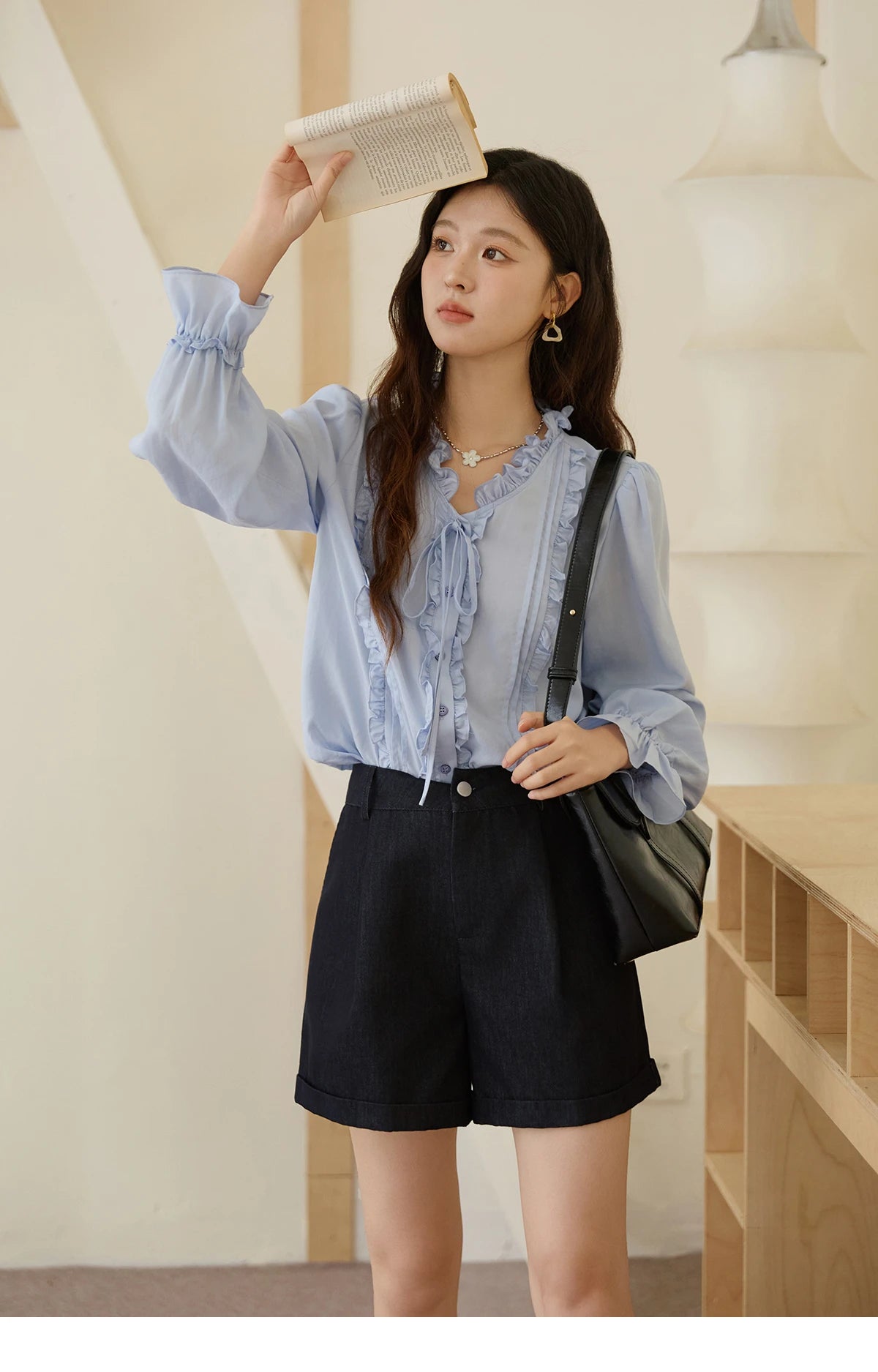 MISHOW 100% Lyocell Women's Blue Shirt 2025 Autumn French Ruffles Long Sleeves Ties Blouse Office Lady Elegant Top MXE45X2484