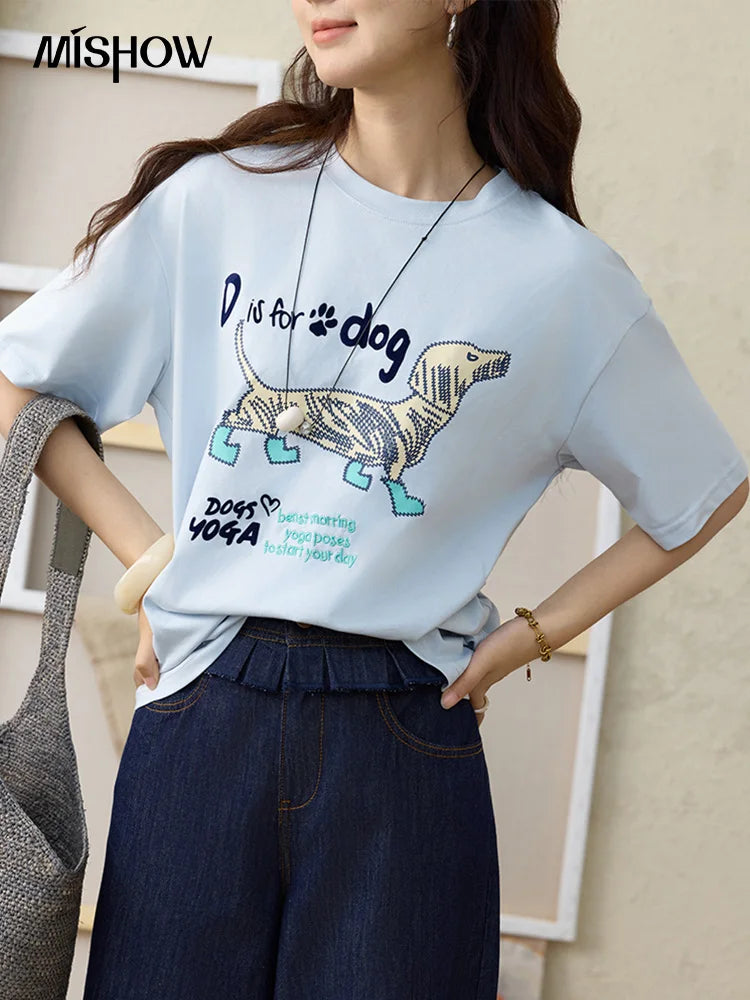 MISHOW Print Summer T-shirts Women 2025 Short Sleeve Round Neck Flocked Puppy Loose Shirt Female Casual Versatile Top MXE33T0542