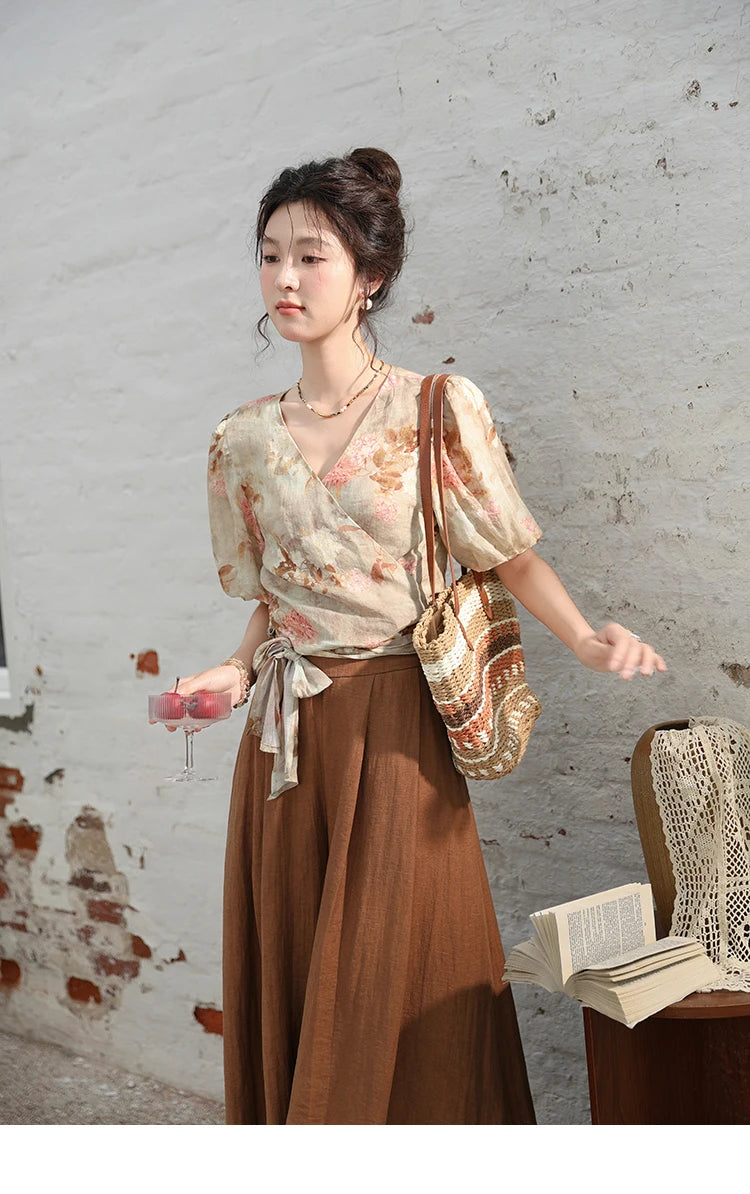 MISHOW French V-neck Floral Tops 2024 Summer Retro Short Sleeved Blouses Female Puff Sleeve Hem Strap One Piece Top MXD28X1619