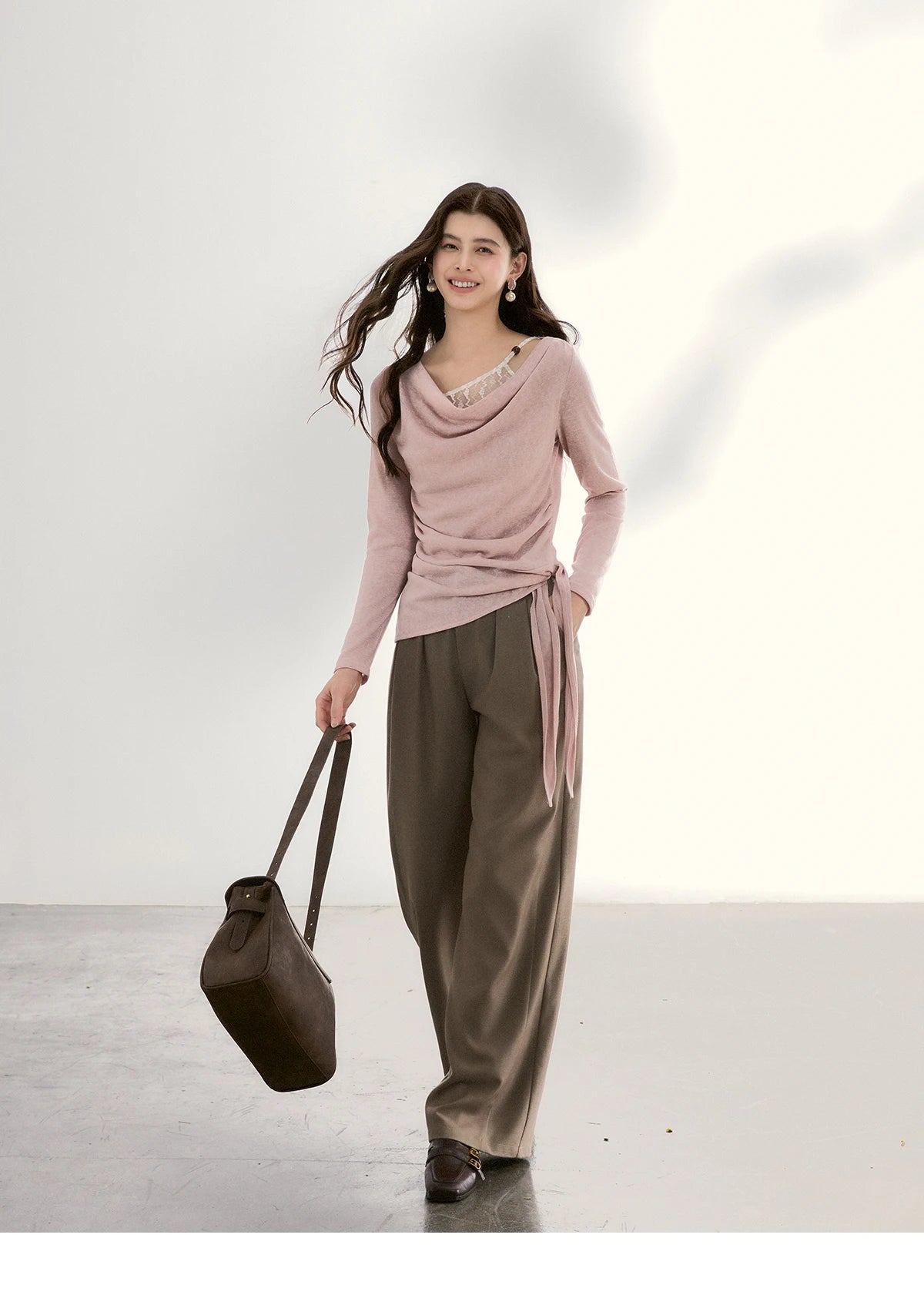 MISHOW Women's Splicing Lace Trim Draped Neck Long Sleeve Tops 2026 Spring Side Tie Ruched Irregular Casual Slim Tees MXF13Z2995