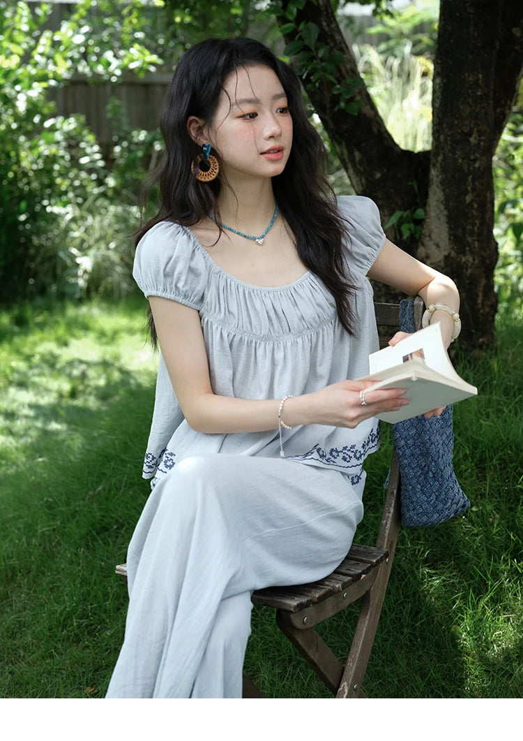 MISHOW Women's Two Piece Set 2025 Summer New Embroidery Flower Round Neck Blouse Fashion Pocket Wide Leg Pants Set MXE39T0669