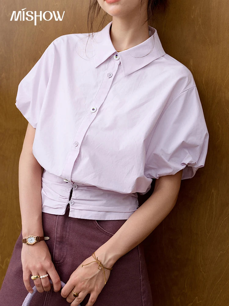 MISHWO Office Lady Solid Blouses Women Summer New 2025 Short Sleeve Turn-down Collar Purple Cotton Shirts Female Thin MXE32X1794
