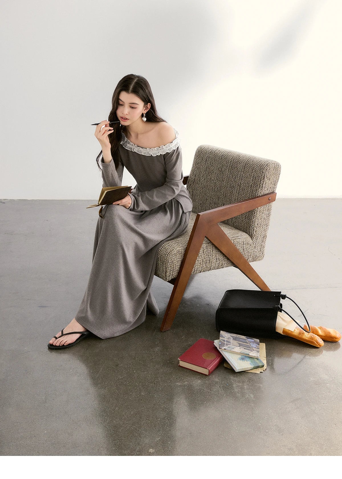 MISHOW Women's Grey Irregular Top Elastic Waist Skirt Two-Piece Set Spring Off-Shoulder Lace Trim Top Maxi Skirt Set MXF13T1479