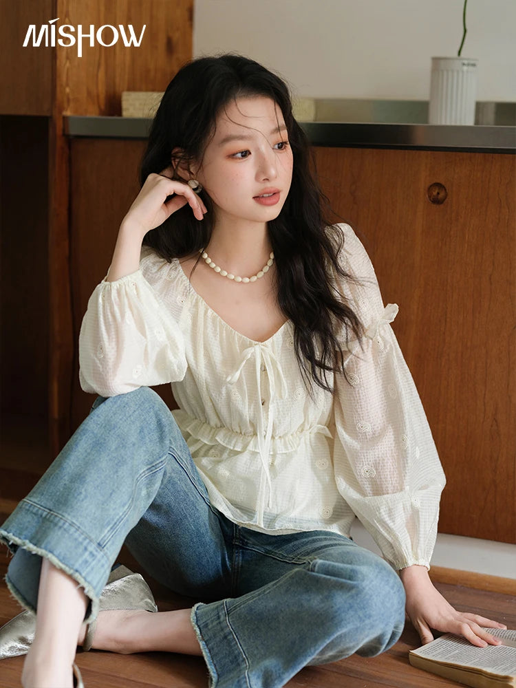 MISHOW Women's Fashion Cashew Flower Embroidered Blouse 2025 Autumn V-neck Lace Up Puff Sleeve Ladies Elegant Top MXE41X1945