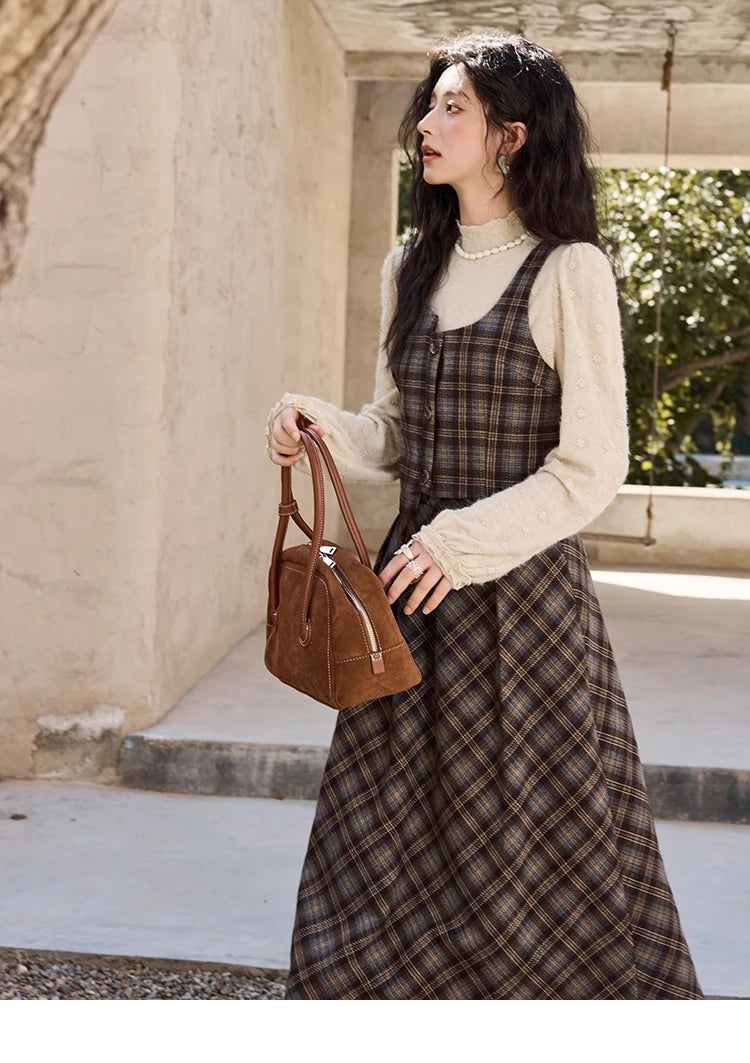 MISHOW Blue Plaid Vest Retro Skirt Separately Women 2024 Winter Retro Plaid Irregular Square Collar Top Midi Skirt MXD44W0454