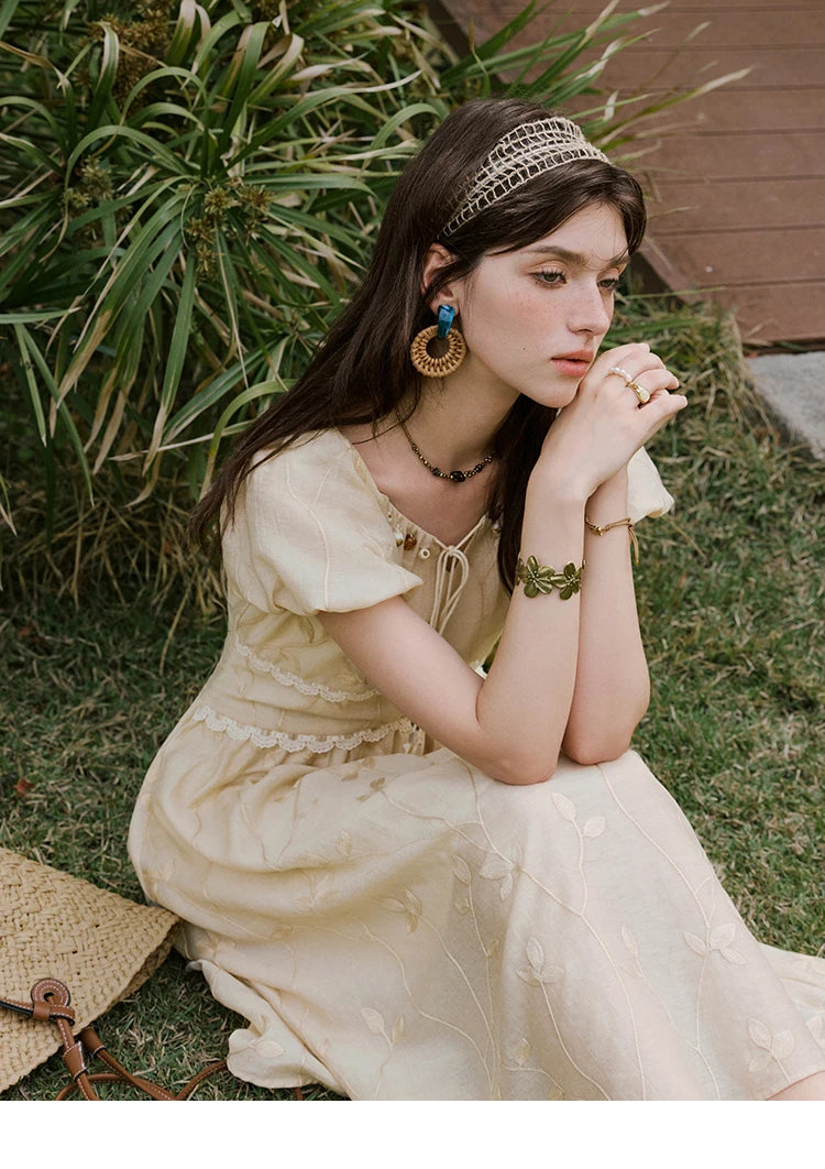 MISHOW Print Office Lady Dress Women Summer 2025 Short Sleeve Round Neck Beaded Neckline Slim Waist Dresses Female MXE33L2208