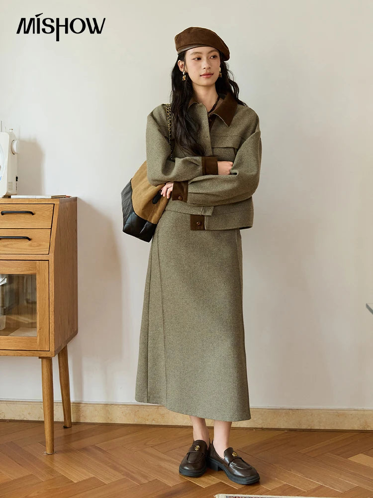 MISHOW Wool Woolen Coat for Women 2025 Autumn Contrasting Suede Patchwork Retro Short Top Lapel Loose Warm Coats MXE46W0844