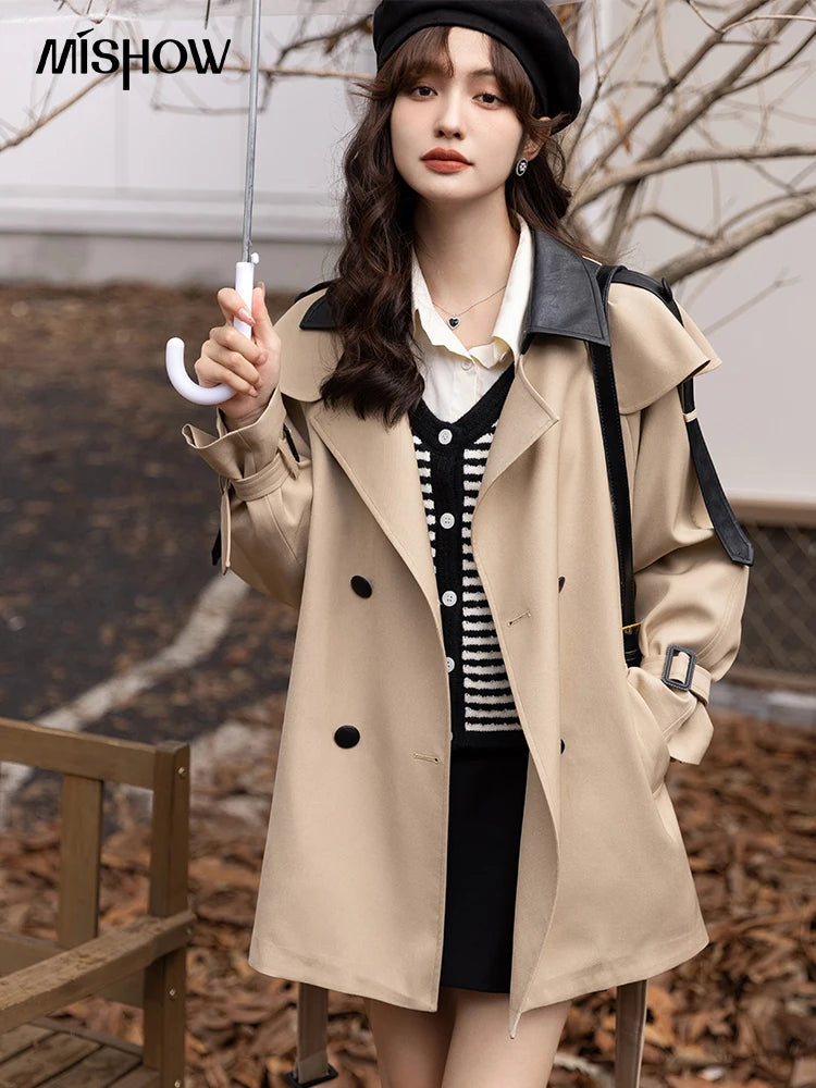 MISHOW Trench Coats for Women Autumn Korean Office Lady Polo Collar Patchwork Long Mid-length Jacket Female Outerwear MXB33W0399