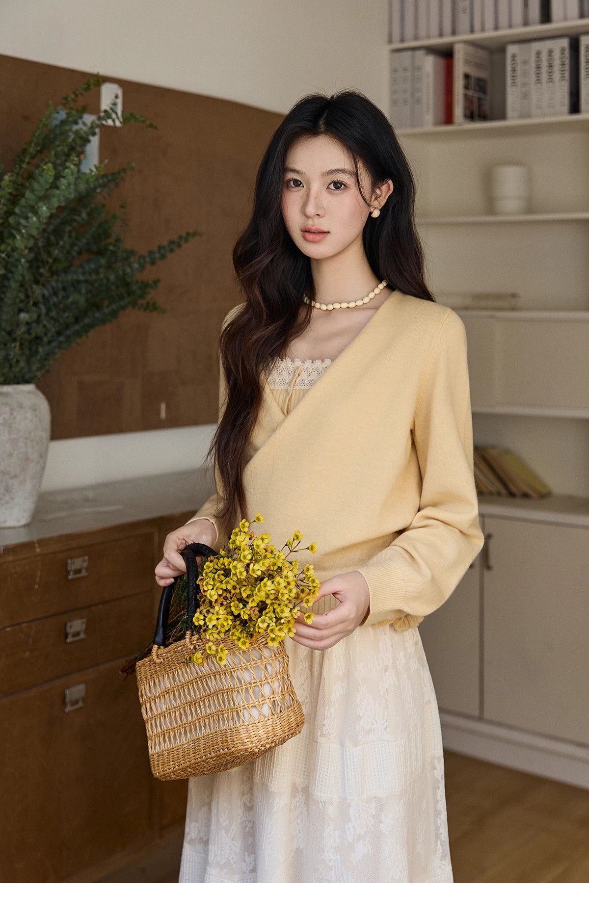 MISHOW Women's Yellow Two-Piece Set 2026 Spring Ruffled Hem Camisole Lace Trim Knitted Cardigan Casual Slim Outfit MXF11T1472