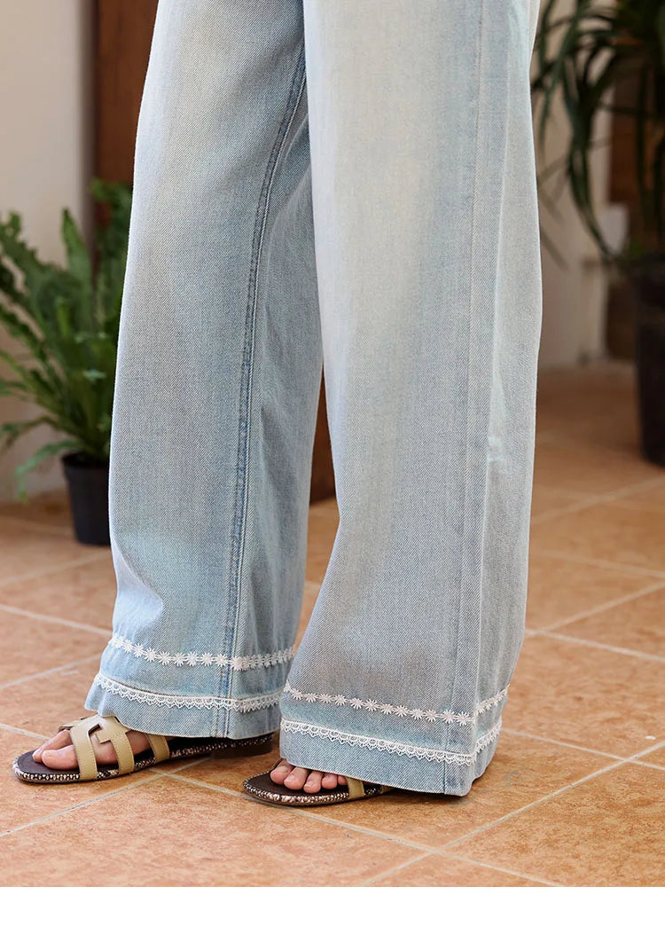 MISHOW Denim Blue Lace Straight Leg Pants for Women Summer 2025 High Waist Trousers 100 Cotton Casual Wide Leg Jeans MXE35K0947