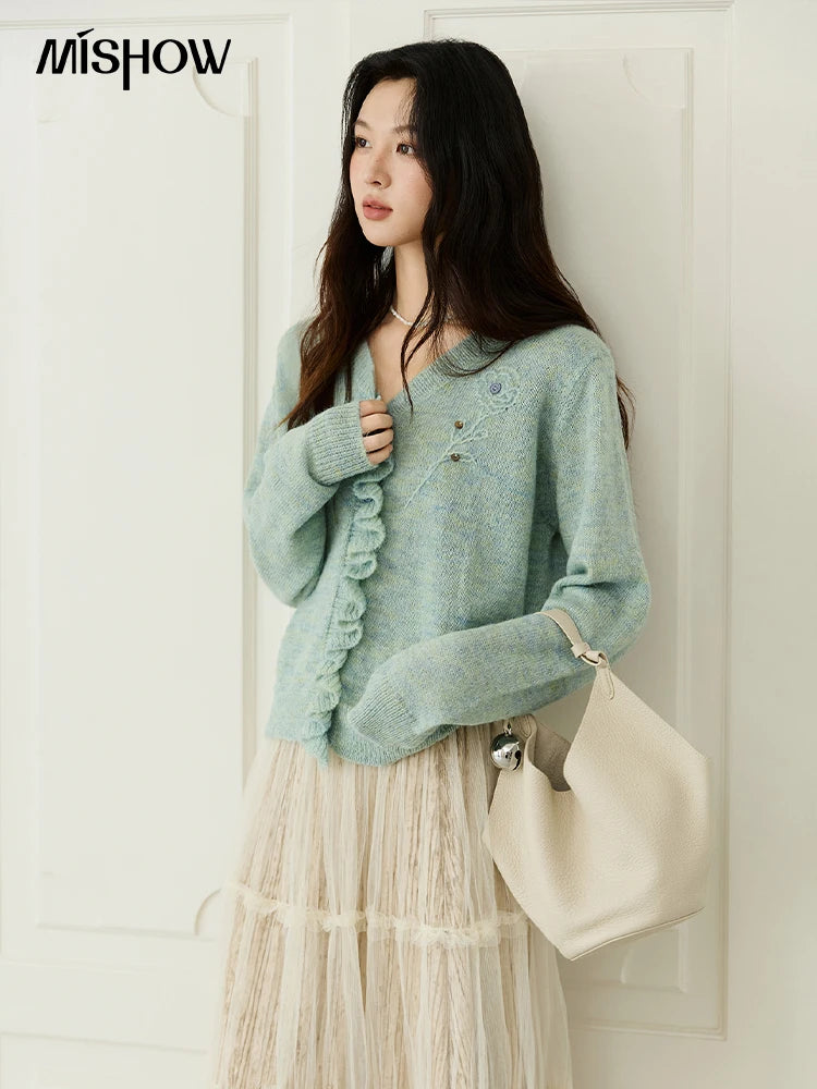 MISHOW Knitted Cardigan Women 2025 Autumn French Style Flower Embroidered V-neck Cardigan Luxury Long-sleeved Top MXE47Z2498