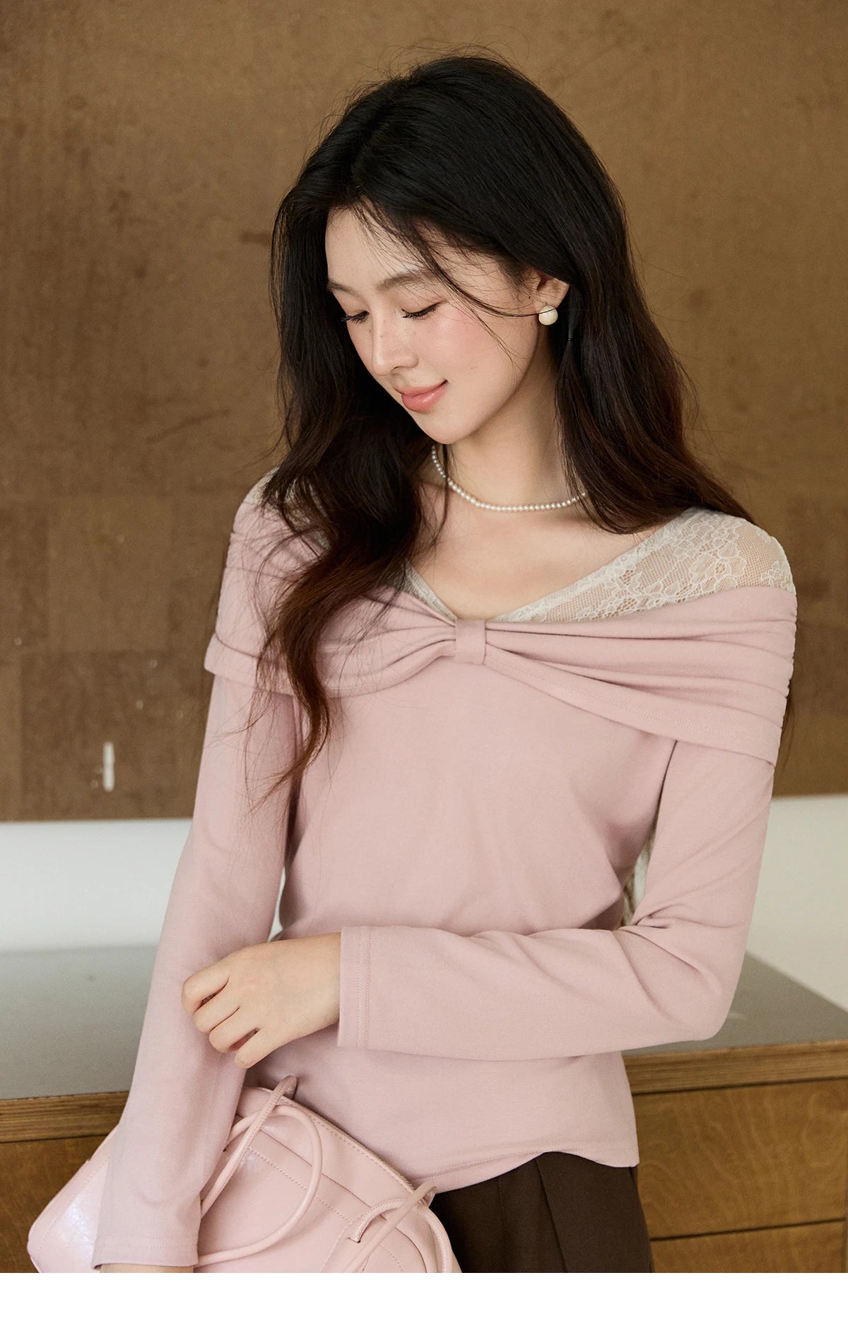 MISHOW Women's Lace Patchwork One Shoulder T-shirt 2026 Spring Twist Casual Slim Tees Sweet Pink Long Sleeve Tops MXF108Z1026