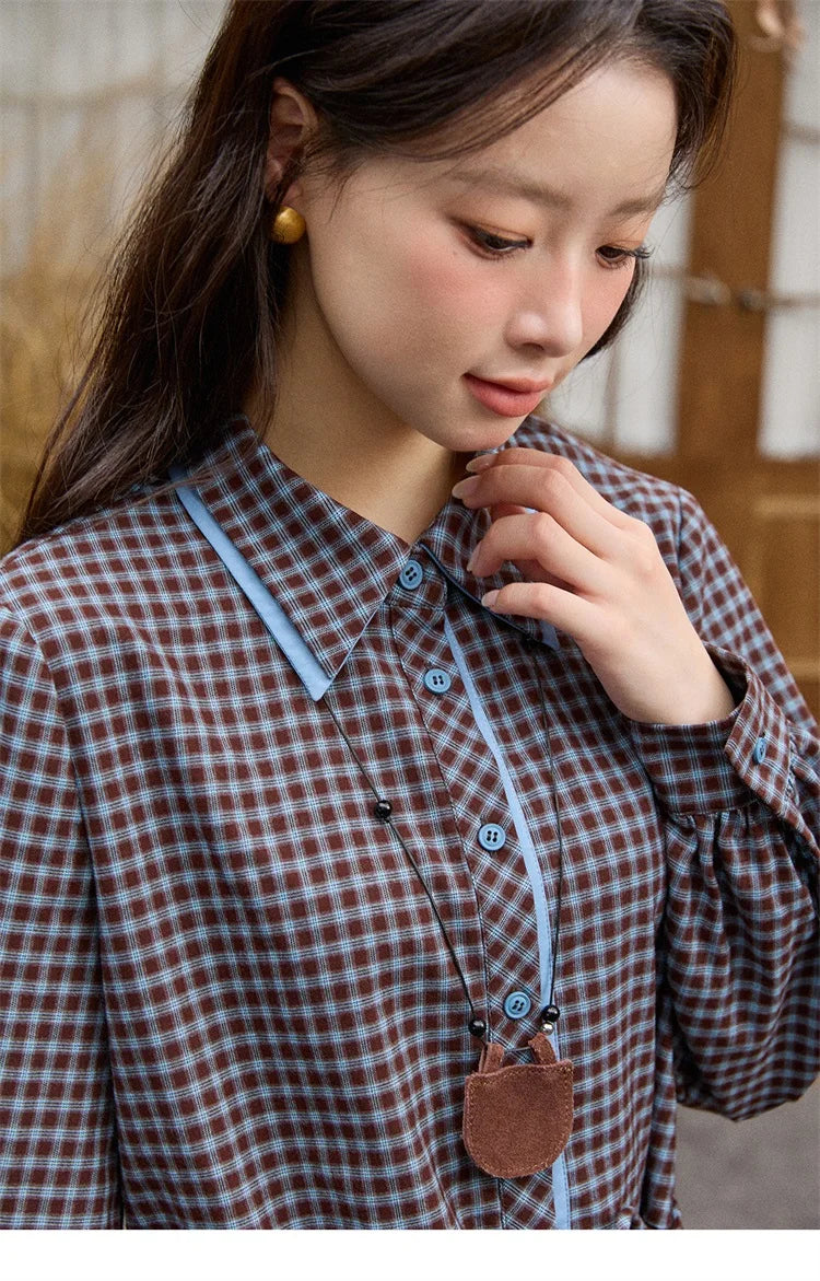 MISHOW Retro Blue Plaid Shirt for Women 2025 Autumn Winter Lapel Lantern Sleeves Ruffled Hem Top Slim Casual Shirt MXE89C2420