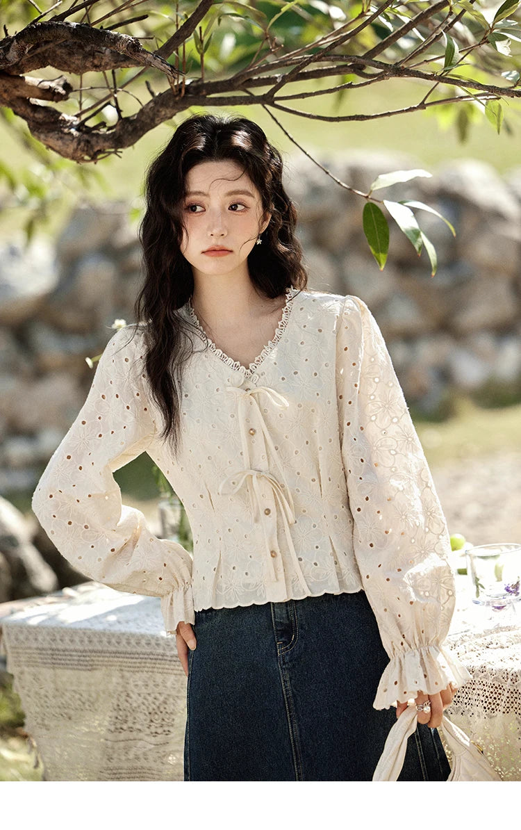 MISHOW Hollow Lace Shirt for Women Spring 2025 French Retro Lace100 Cotton Shirt V Neck Waist Elastic Cuffs Blouses MXE12X1710