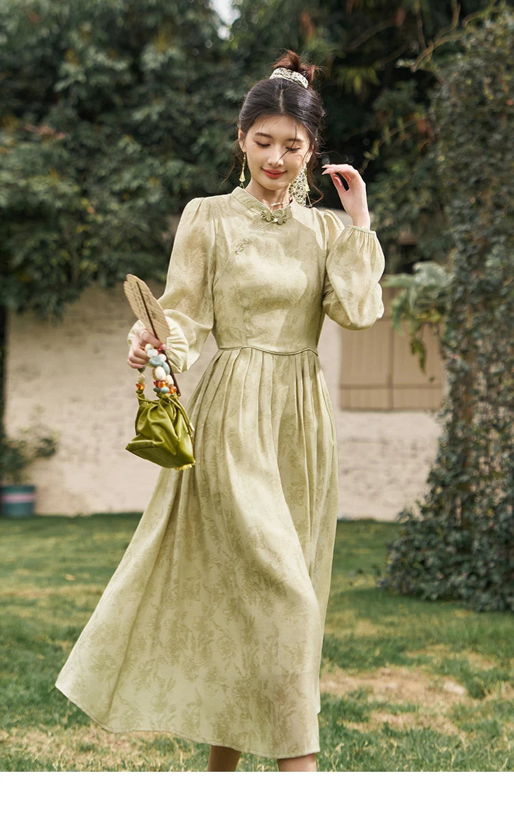 MISHOW Retro Chinese Improved Cheongsam Dress 2024 Spring Chiffon Printing Green Puff Sleeve Stand Neck Waist Dresses MXD14L1767
