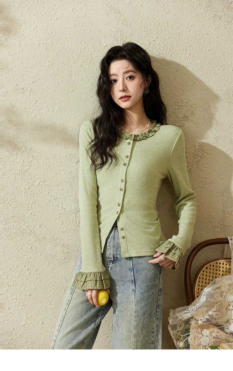MISHOW Green Plaid Knitted Top 2025 Spring Lotus Leaf Sleeves Tees Slim Long Sleeve Curled Collar Single Breasted Top MXE14Z1152