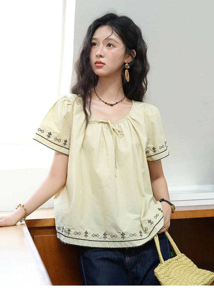 MISHOW Cotton Blouse Round Neck Lace Up Puff Sleeve MXE39X1966