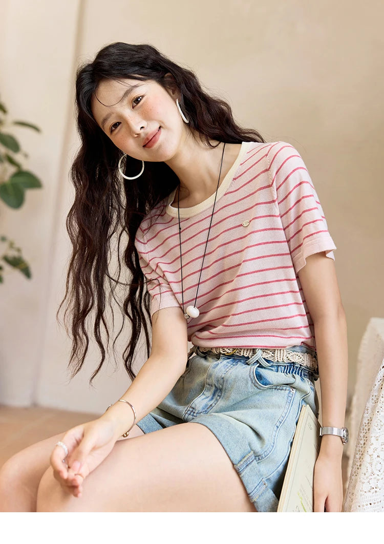MISHOW Striped Knitted T-shirt for Women Summer 2025 Color Contrasting Round Neck Tees Wool Blended Slim Casual Top MXE35Z1270