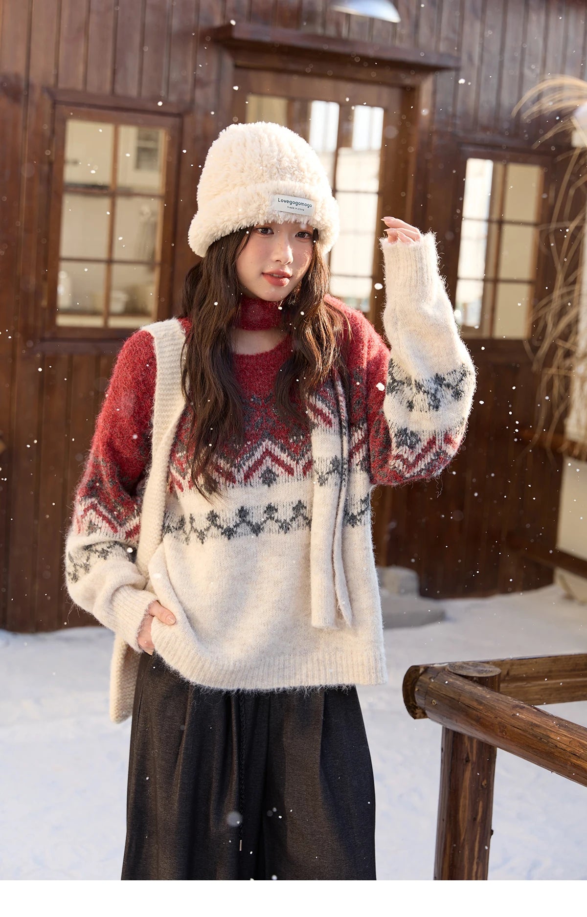 MISHOW Christmas Jacquard Retro Sweater Winter Geometric Red Scarf Fair Isle Sweater Wool Blend Thickened Knitted Top MXE51Z2628
