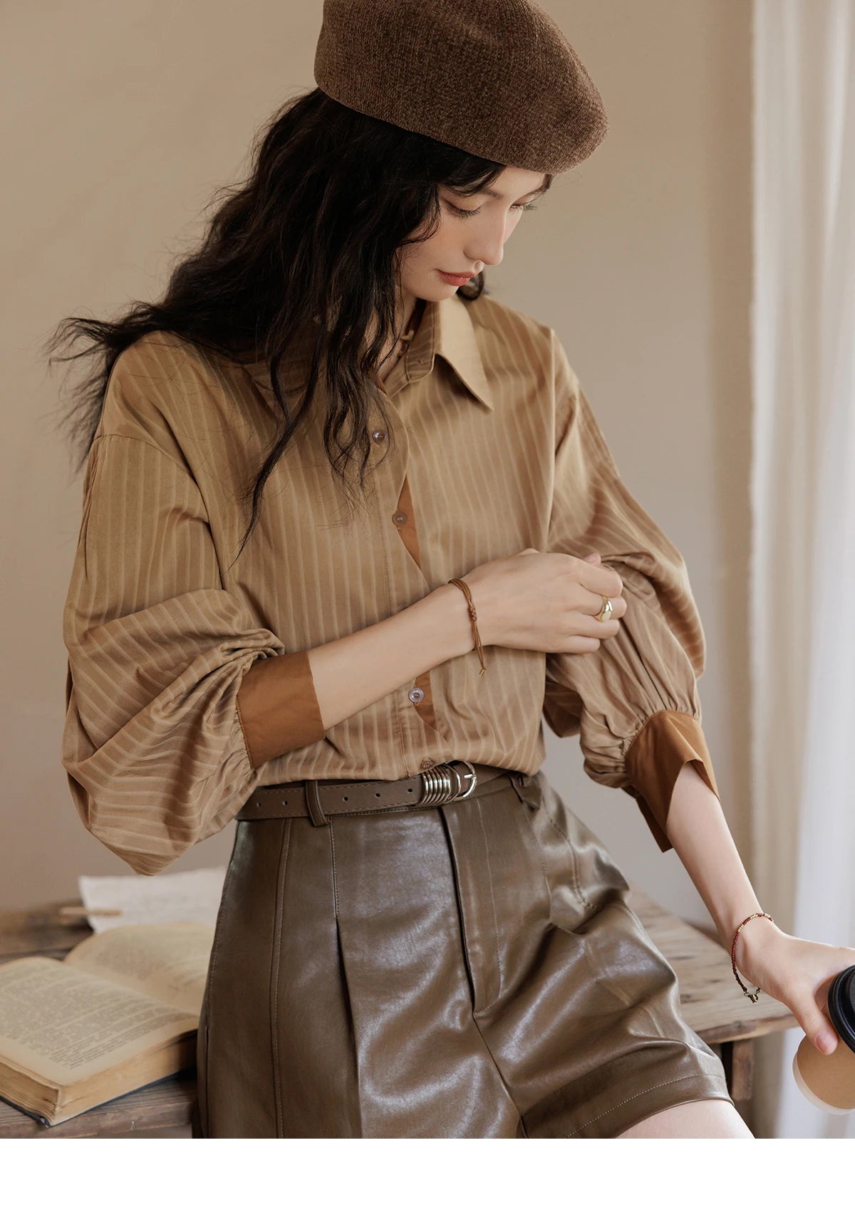 MISHOW Striped Casual Shirt for Women 2024 Autumn Retro Lapel Long Sleeve Top Contrasting Cuffs Shirts Office Lady MXD42C0301