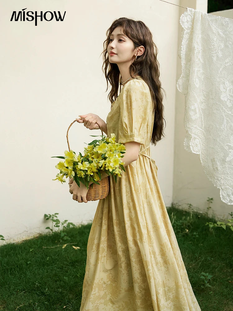 MISHOW Tea Break V-neck Dress for Women 2024 Summer French Temperament Chiffon Floral Puff Sleeve Waist Long Dresses MXD23L1878