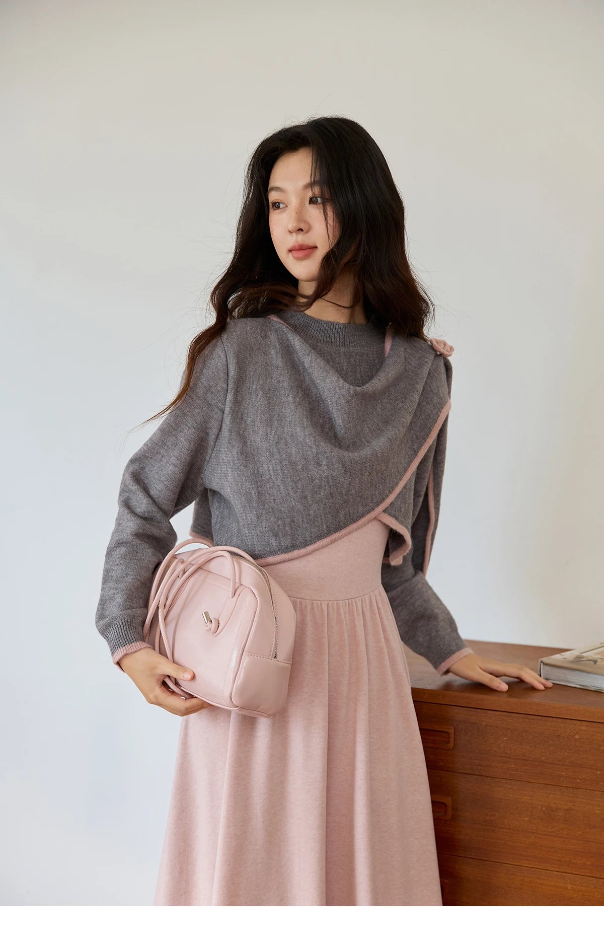 MISHOW  Women's Knitted Suit 2025 Autumn Sweet Style Irregular Round Neck Top Pink Suspender Dress Slim Two-piece SuitMXE49T1397