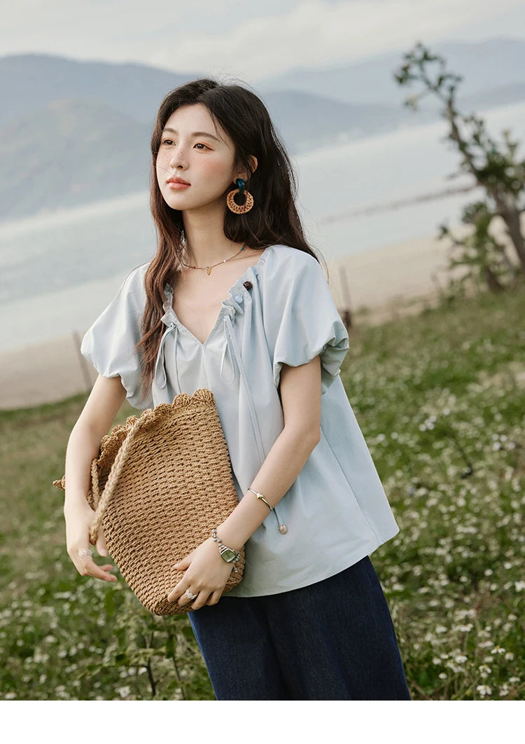 MISHOW Solid French Summer Blouses Woman 2025 New Short Puff Sleeve V-neck Beaded Retro Shirts Women Fashion Tops MXE33X1757