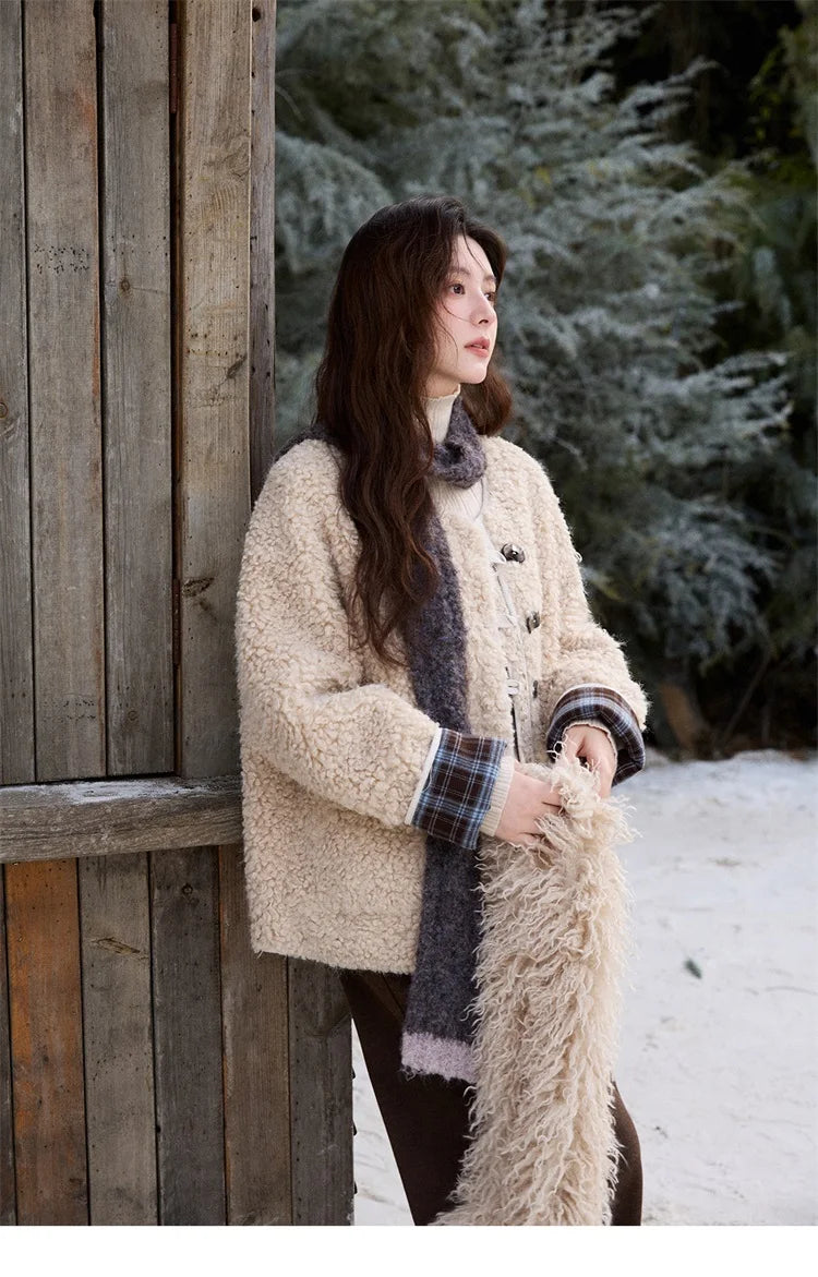 MISHOW Plaid Patchwork Curly Lambswool Coat Winter 2025 Women's Fashion Coat Double-Front Retro Casual Loose Jacket MXE87W0939