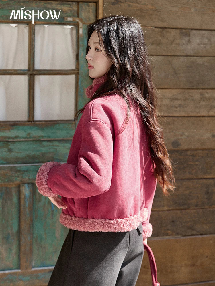 MISHOW Women's Dragon Fruit Red Suede Patchwork Coat 2025 Winter Color Block Stand Collar Thickened Short Outerwear MXE87W0942