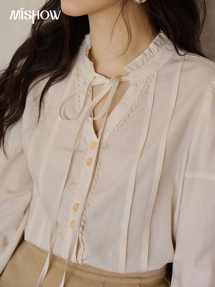 MISHOW French 100% Lyocell Apricot Shirt 2025 Autumn Flared Sleeves Lace Edges Shirts V-neck Slim Top Office Lady MXE41C2351