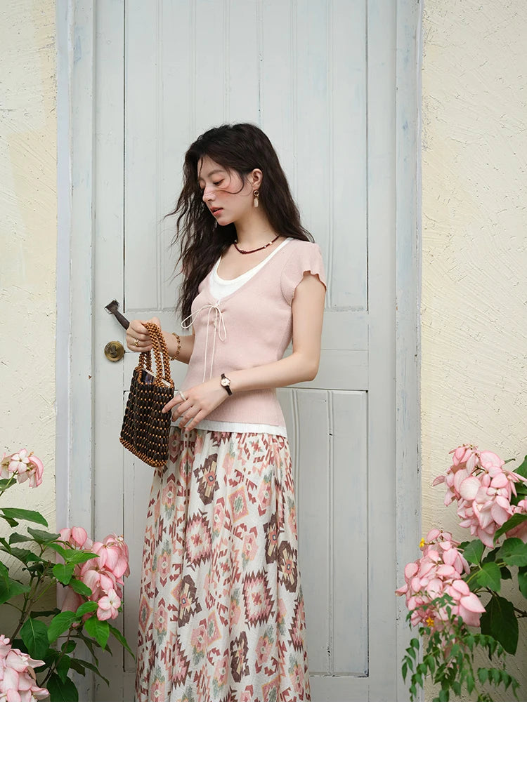 MISHOW Round Neck Patchwork Knitt Sweater for Women 2025 Summer Flying Sleeve Lace Up Versatile Top Female Clothing MXE37Z1278