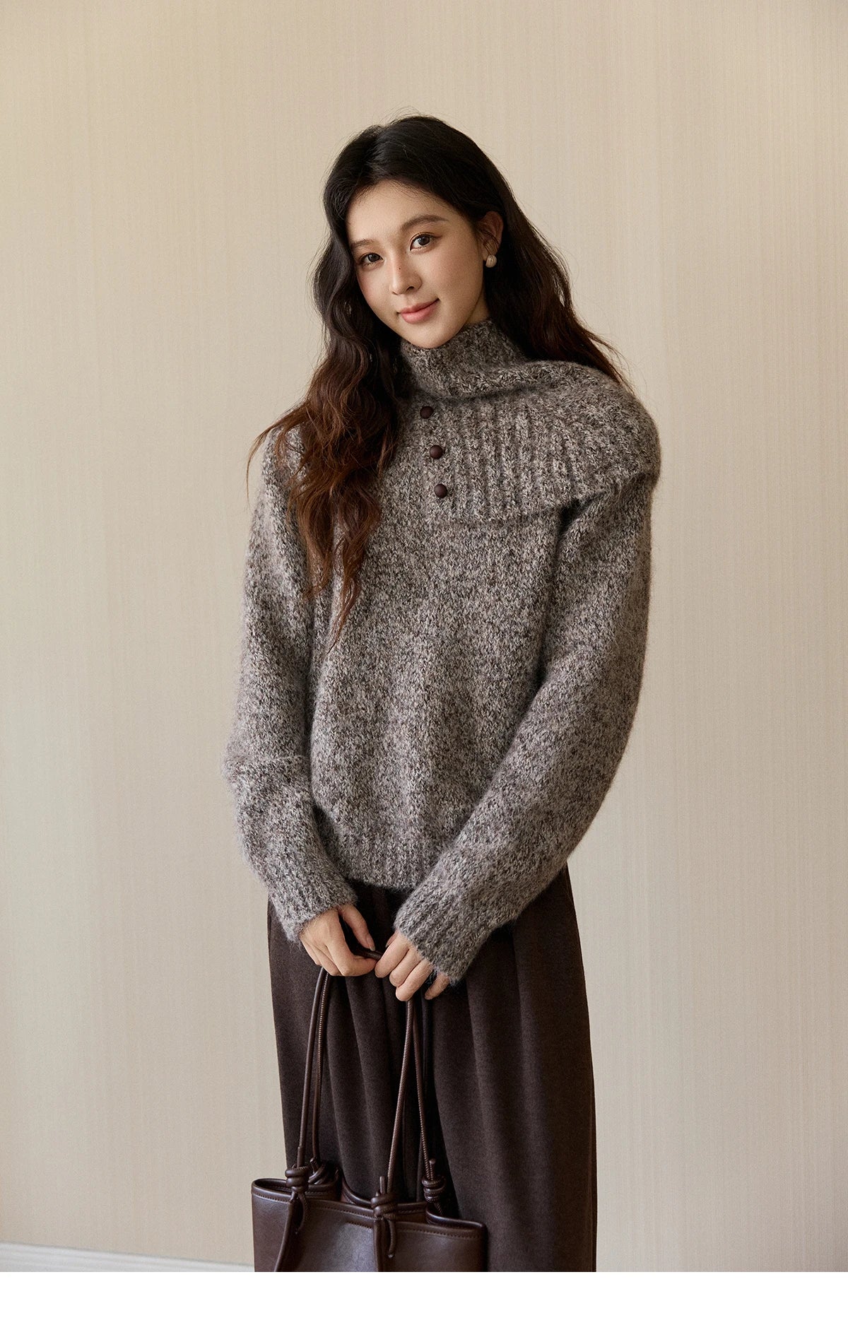 MISHOW Women's Gray Knit Sweater with Neckwear Scarf 2025 Winter Textured Button Decor Loose Warm Pullover Sweater MXE94Z2978