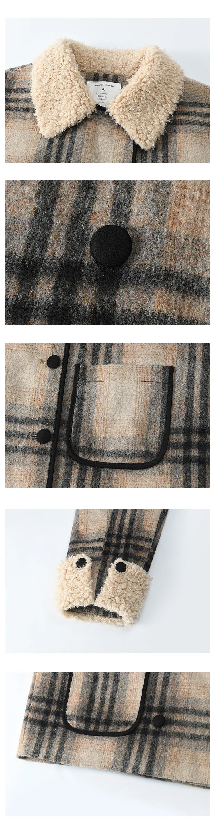 MISHOW Retro Plaid Tweed Jacket Women Double-breasted Long Sleeved 2024 Winter New Fashion Lamb Wool Lapel Loose Coat MXD56W0536