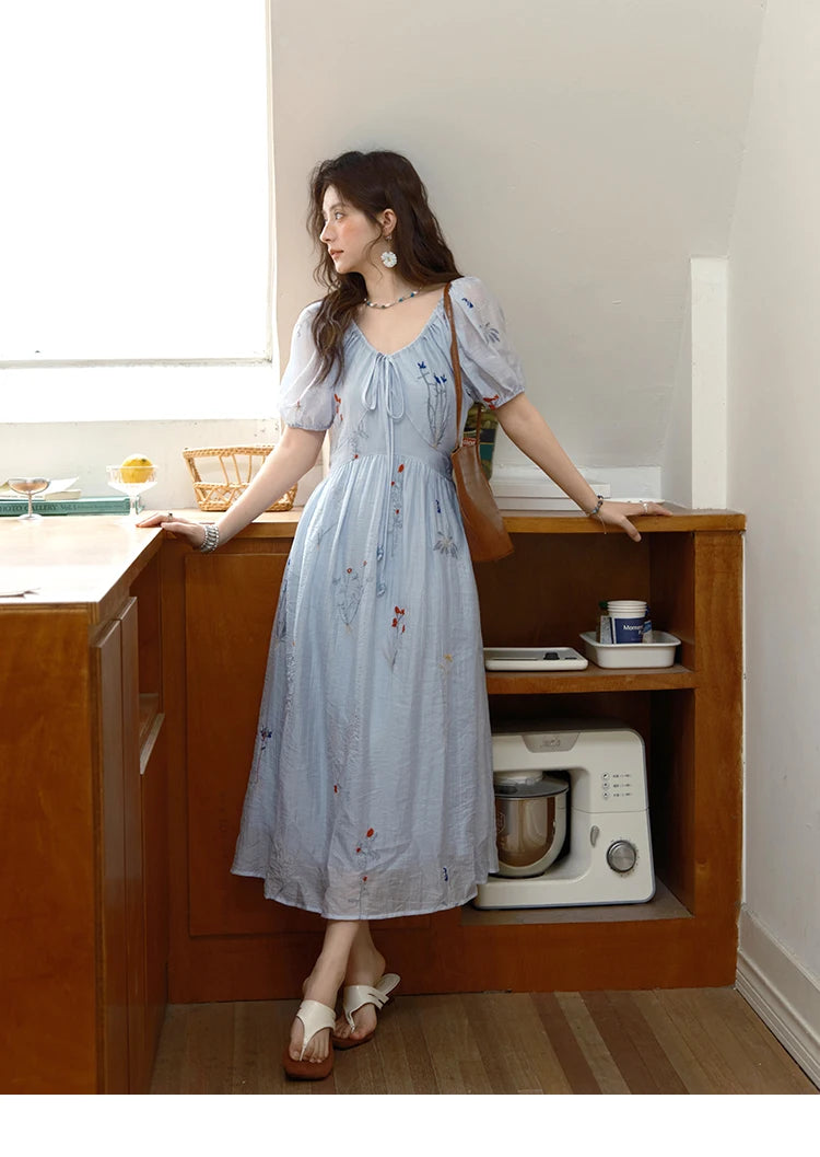 Mishow V-Neck Lace-Up Embroidery Vacation Dress MXE34L2284