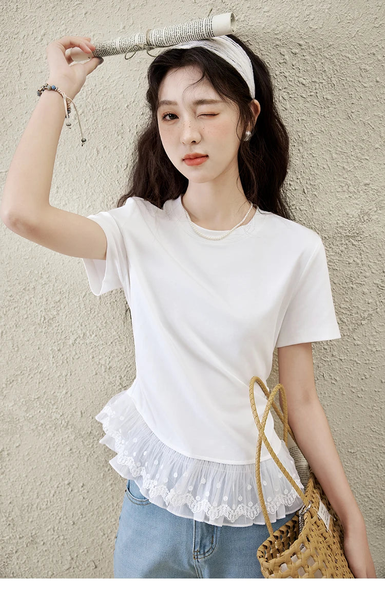 MISHOW Lace Hem Splicing T-shirt for Women Spring/summer 2025 Round Neck Versatile Top Streetwear Solid Casual Tees MXE31T0528