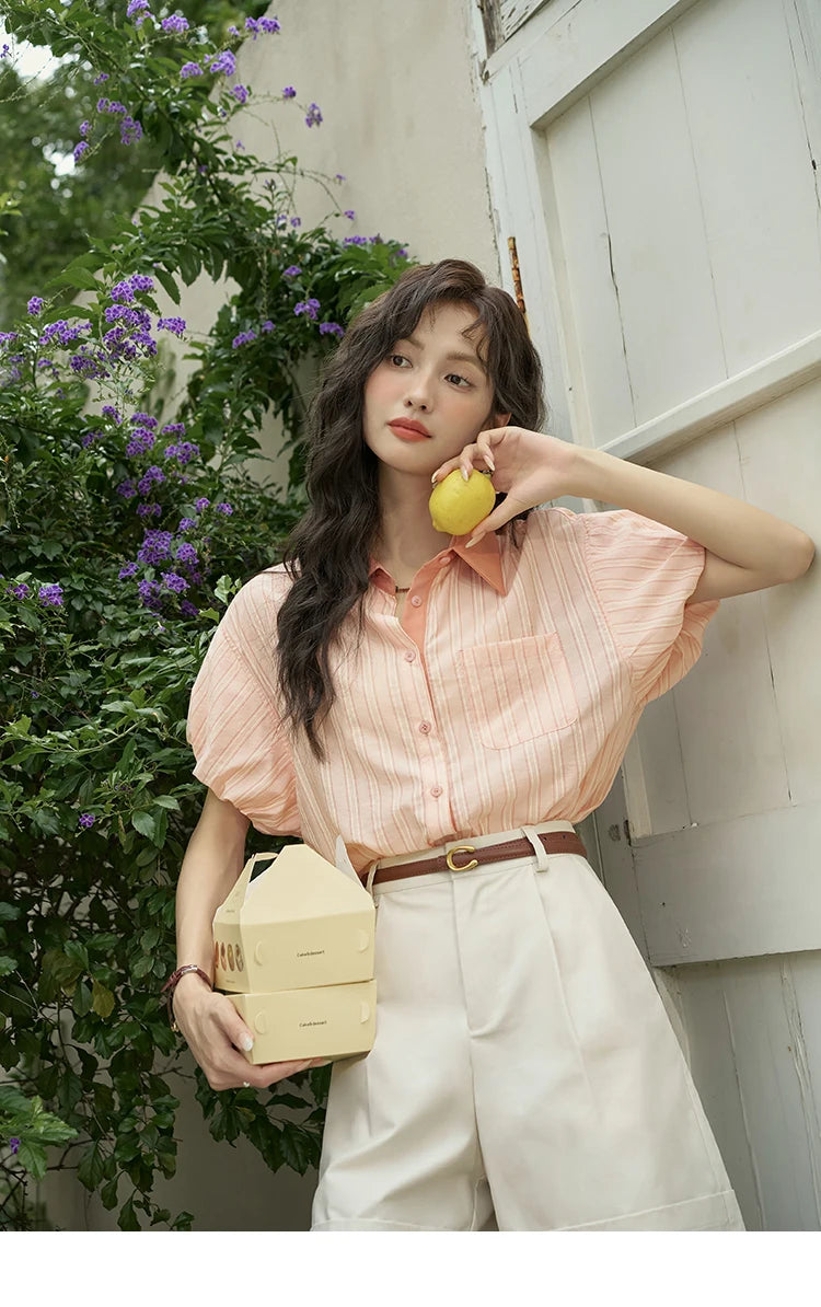 MISHOW Women's Hong Kong Retro Pink Striped Shirt 2024 Summer Short Sleeve Bubble Sleeve Single Breasted Lapel Top MXD28C0250