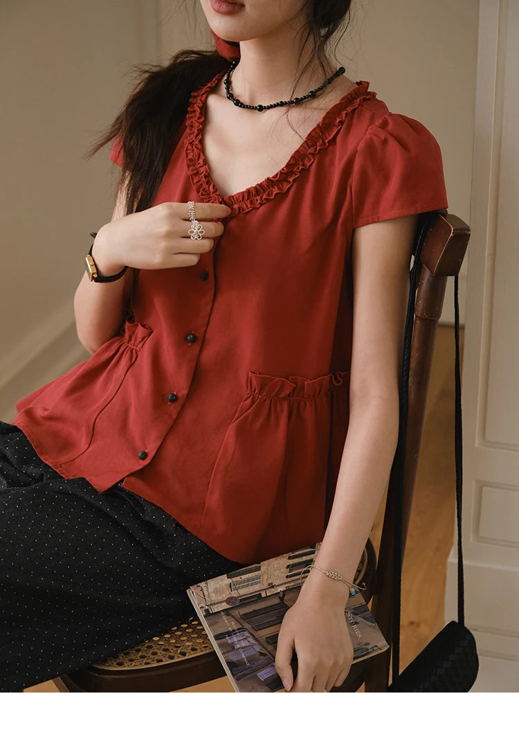 MISHOW Women's Summer Clothes 2025 Fashion Mushroom Edge V-neck Blouse Office Lady Casual Short Sleeve Button Top MXE38X1867