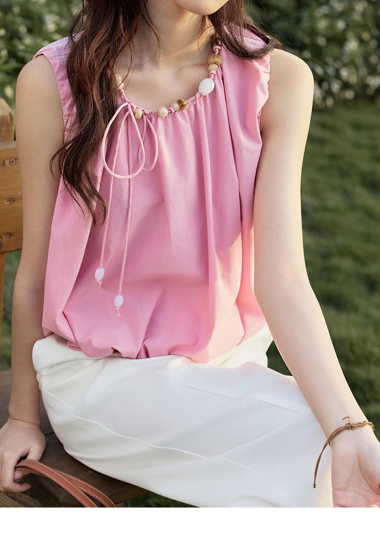 MISHOW French Rose Red Blouses Women Summer 2025 Sleeveless Round Neck Beaded Strap Design Short Tops Lady New Thin MXE32X1773