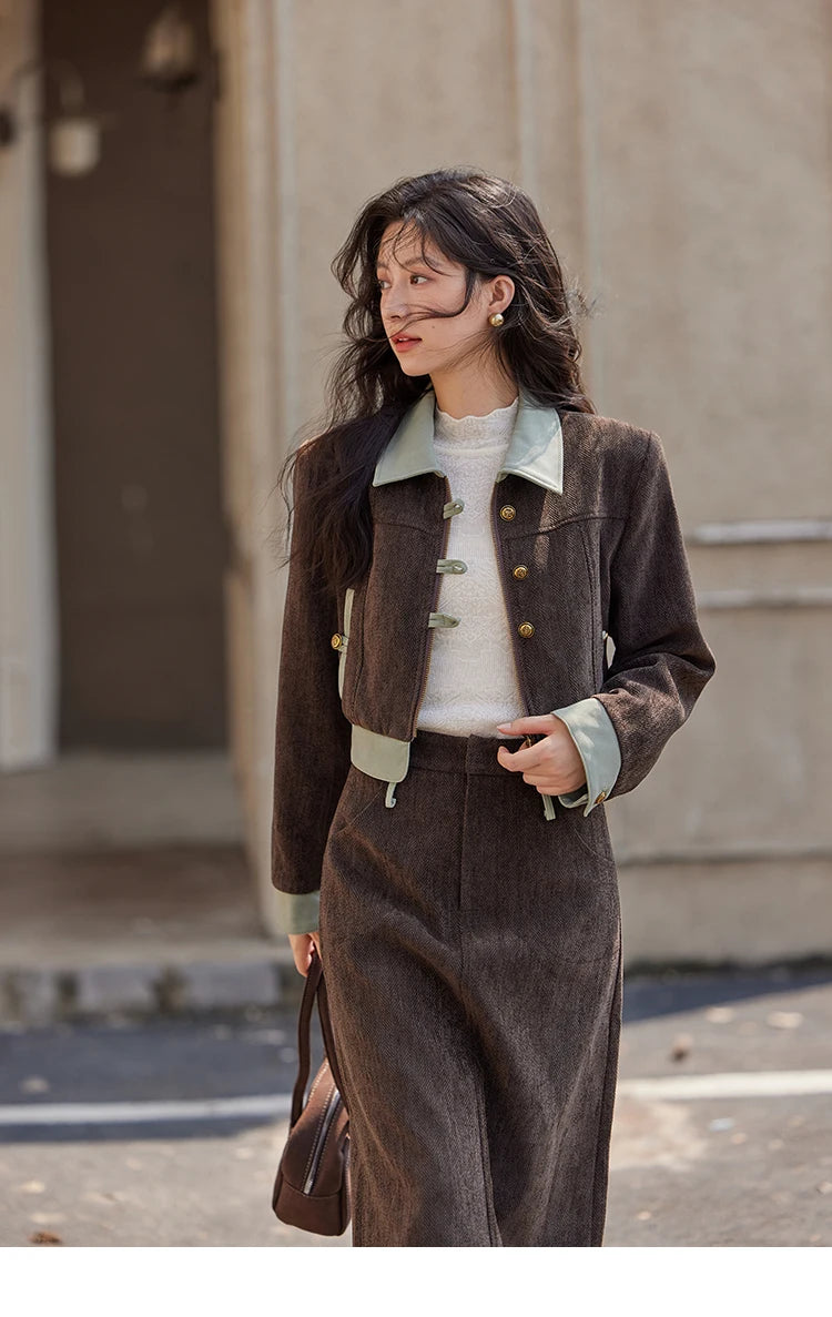 MISHOW Fragrant Jacket Rear Hem Slit Skirt Separately 2024 Winter Lapel Jackets Splicing Contrasting Leather Skirts MXD43W0444