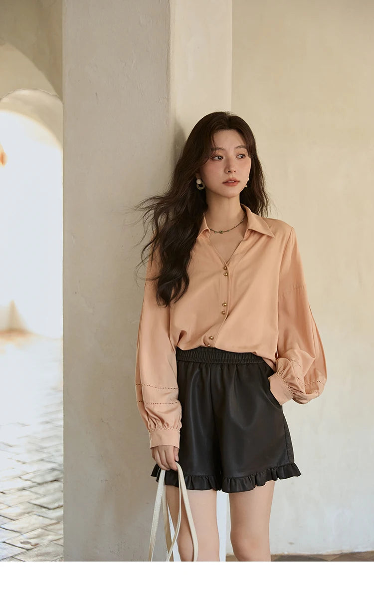 MISHOW Women's Shirt Lantern Sleeve Hollow Out Tops 2025 Autumn Single Breasted Solid Shirts Lapel Shirt Office Lady MXE41C2359