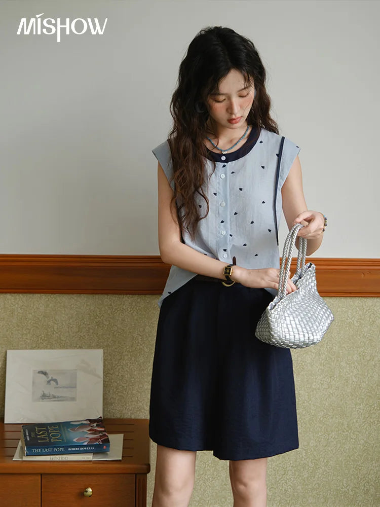 MISHOW Women's 2 Piece Set 2025 Summer Fashion Sleeveless Button Shirt High Waist A-line Shorts Set Ladies Clothing MXE37T0656