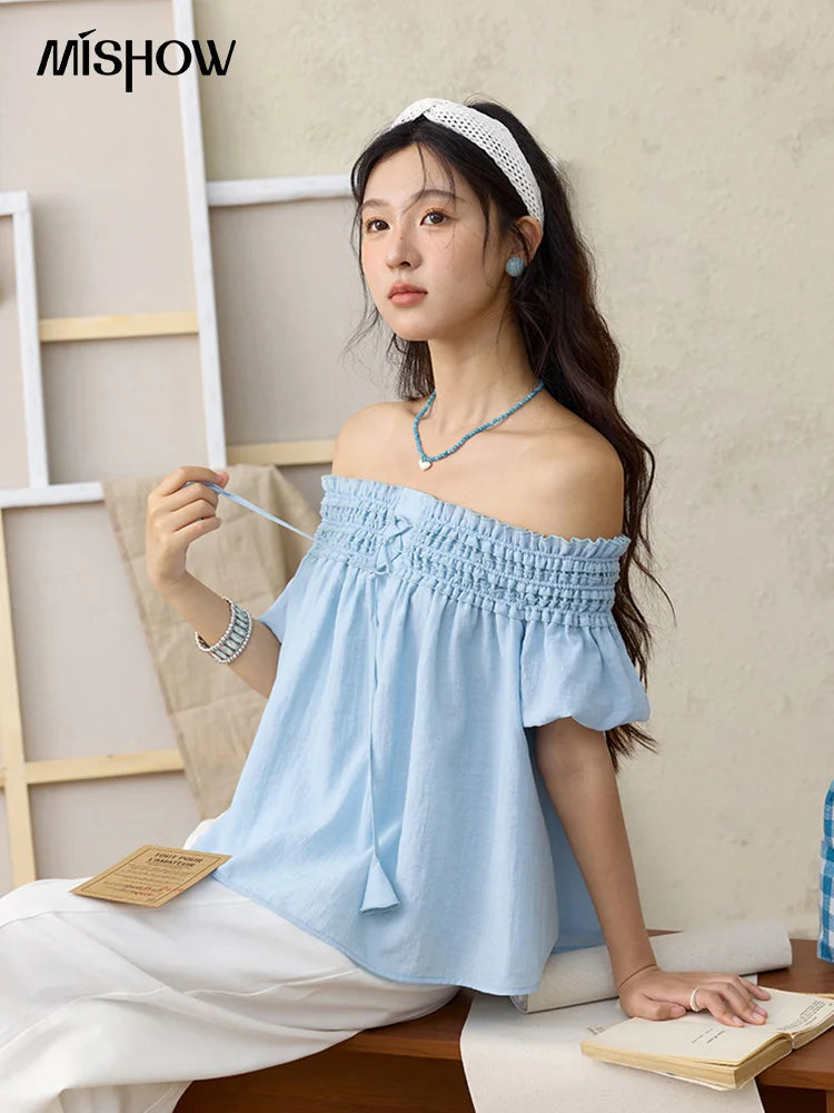MISHOW Mist Blue One Shoulder Blouse Summer 2025 Elastic Pleated Flower Bud Sleeves Doll Blouses Cotton Blend Top MXE34X1796