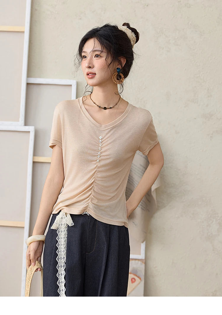 MISHOW V-neck Short Sleeve T-shirt Summer 2025 Mid Front Elastic Fold Single Row Shell Button Tees Casual Slim Tops MXE34T0560