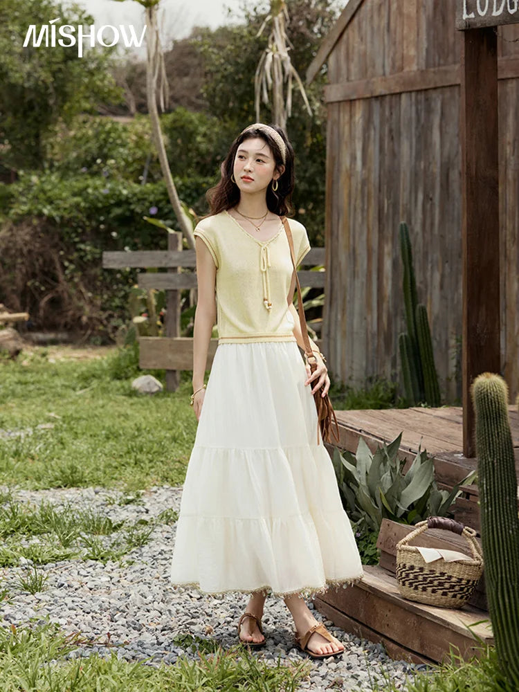 MISHOW Office Lady Summer Skirt Women New 2025 Solid Elastic Waist Shell Webbing A-line Skirts Woman Fashion Slimming MXE33B0708