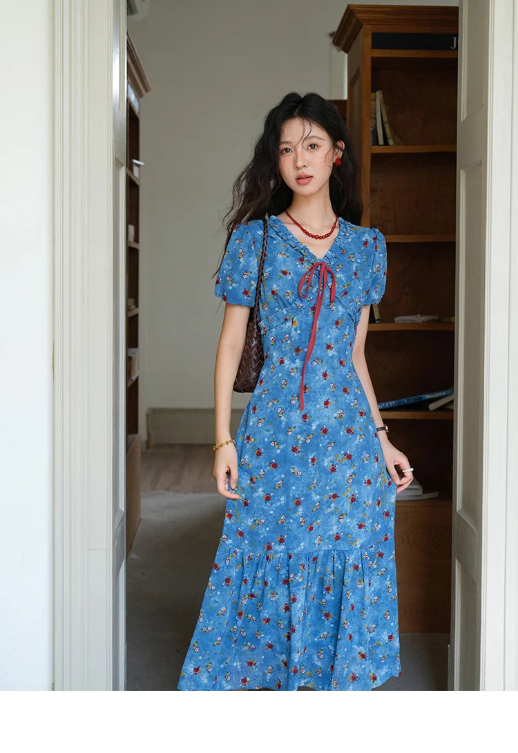 MISHOW Women's V-neck Lace Up Dress 2025 Summer New Female Fashion Puff Sleeve Chiffon Print Dresses Ladies Clothing MXE39L2401