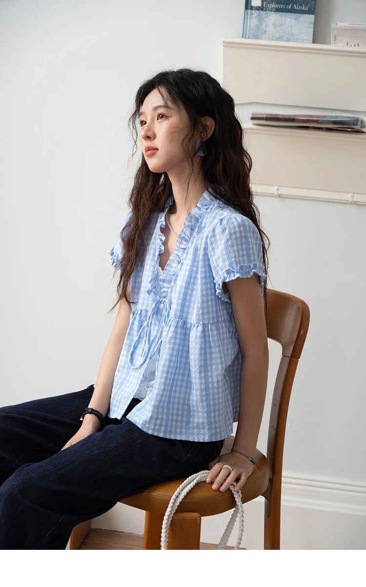 MISHOW Women's Plaid Blue Fake Two Piece Blouse 2025 Summer Fashion Puff Sleeve V-neck Lace Up Top Female Clothing MXE37X1901