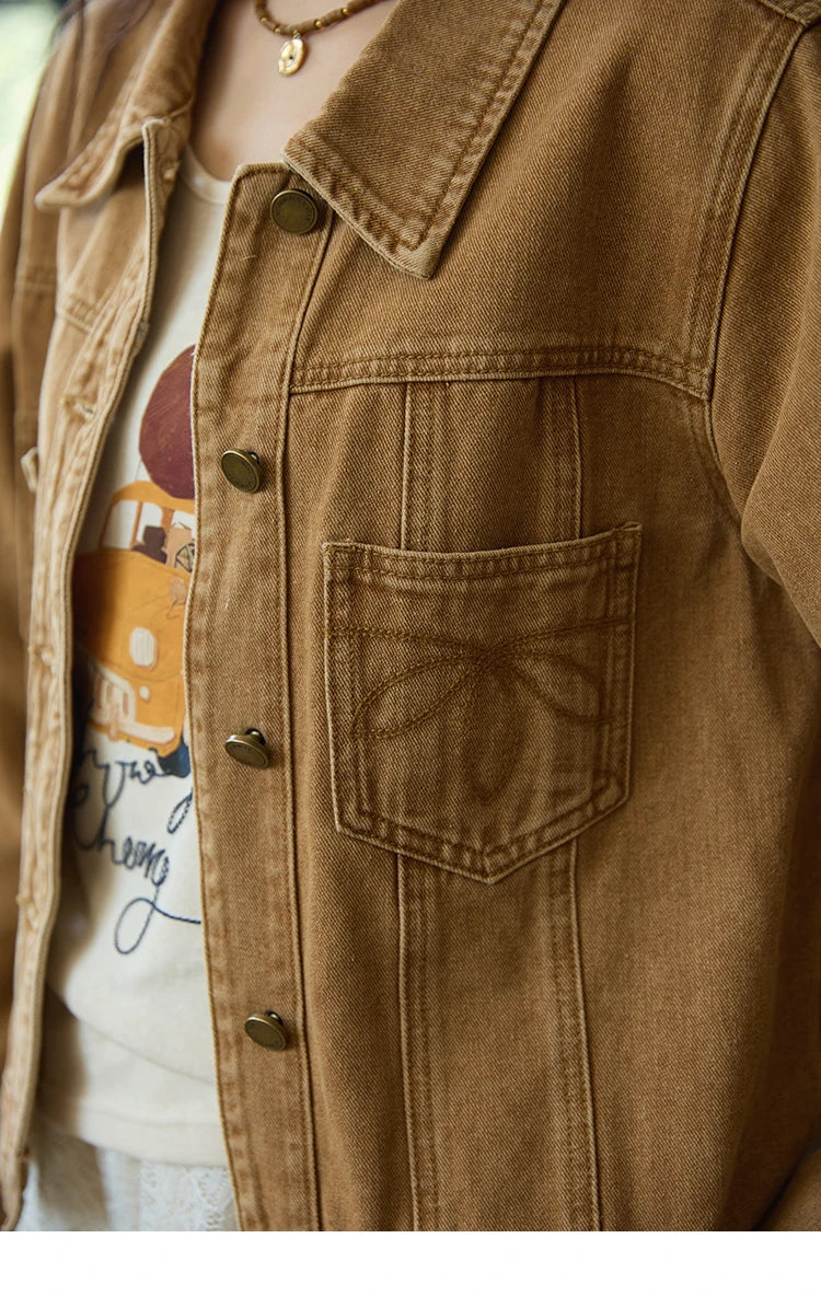 MISHOW Light Brown Vintage Denim Jacket for Women 2025 Autumn Embroidered Pockets Dropped Sleeve Retro Loose Jacket MXE41W0795